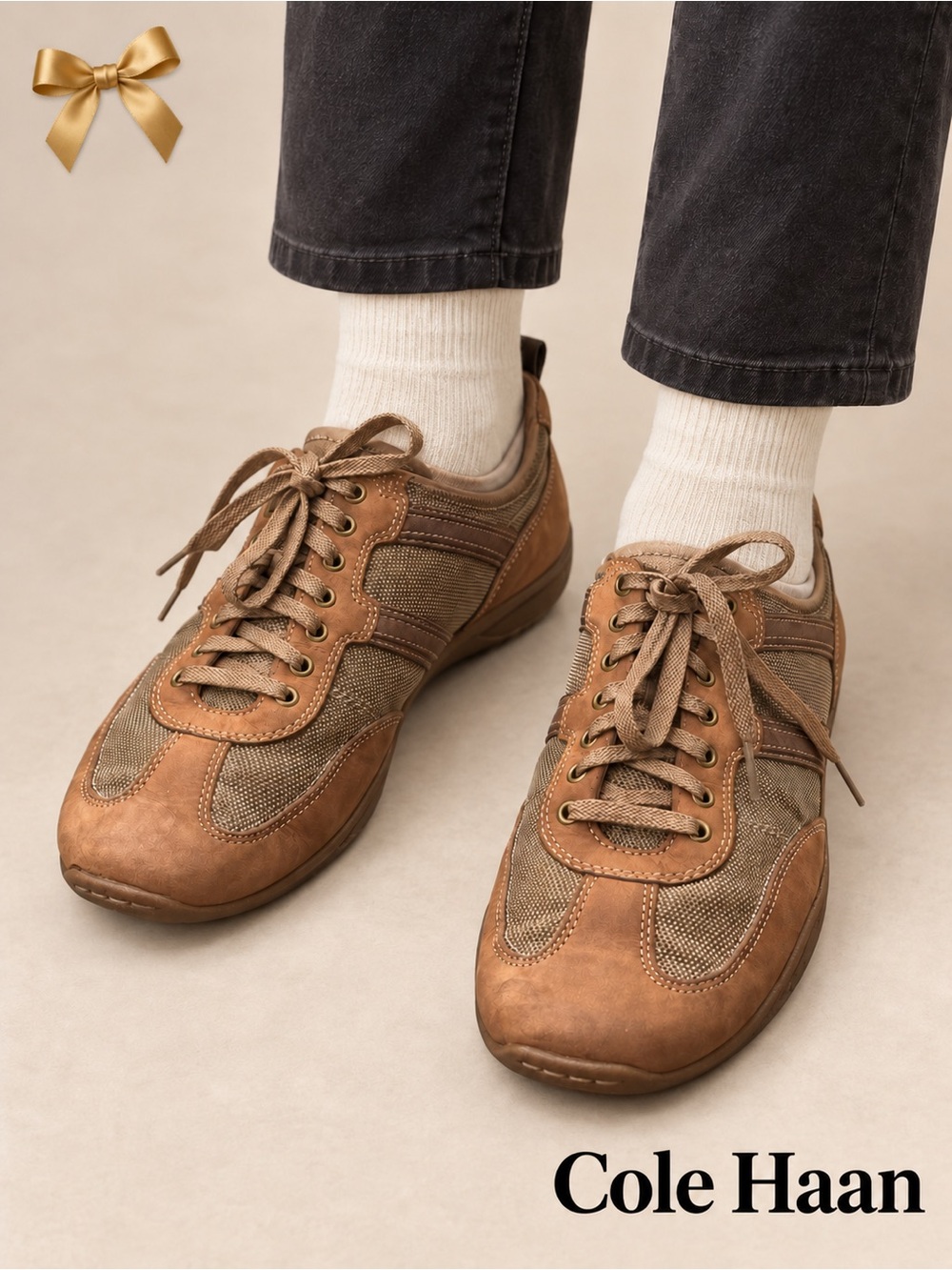 Cole Haan Nike Air Brown Mixed-Material Lace-Up Mustard Olive Sneakers Size 11
